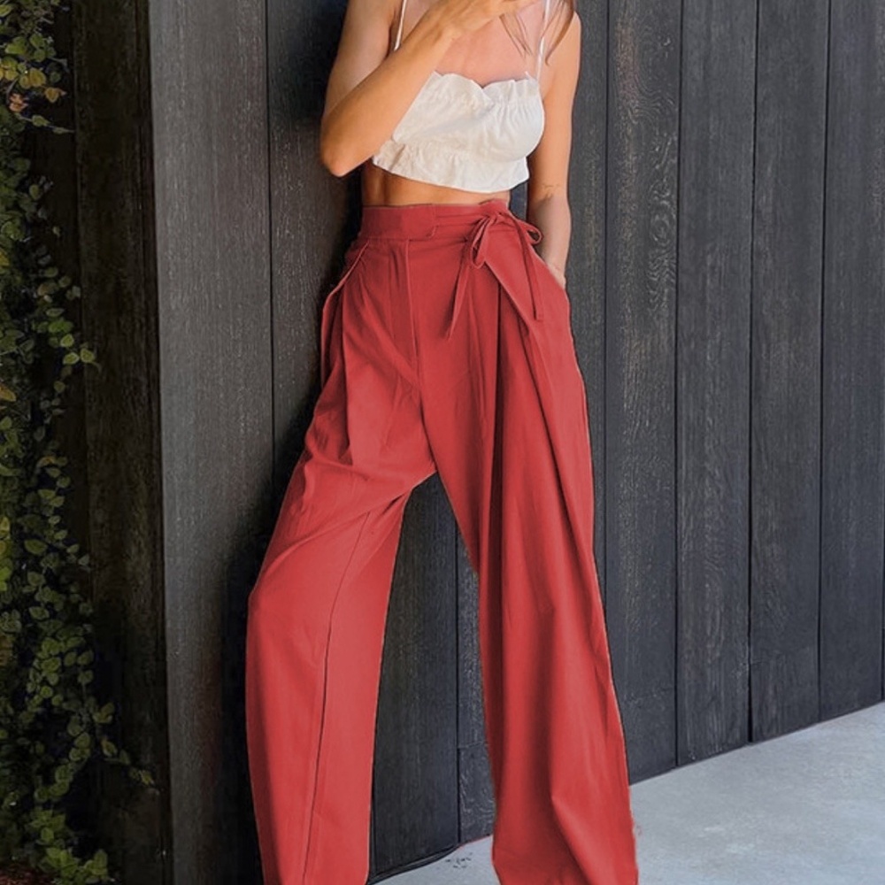 Red Tied High Waist Wide Leg Pants